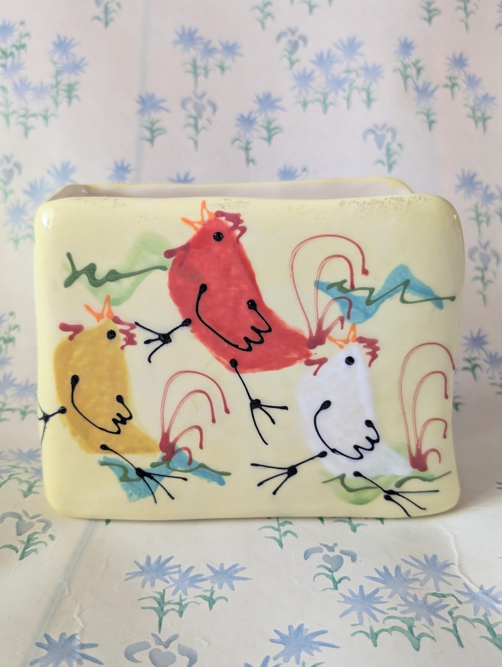 Vintage Lanz Russell Hand Painted Pottery Napkin Holder Chickens Whimsy Mod MCM